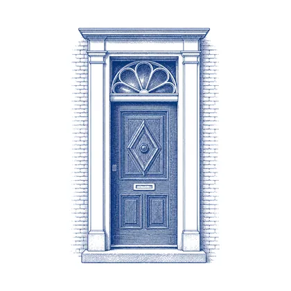 Staalgravure van de voordeur van De Huttenkamp, met gezwenkt bovenlicht en pilasters.