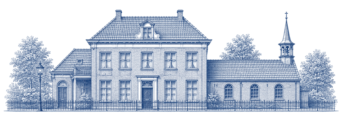 Staalgravure van De Huttenkamp aan de Herenstraat in Wijchen: de voormalige hervormde kerk met pastoriewoning, gezien vanaf de straat.